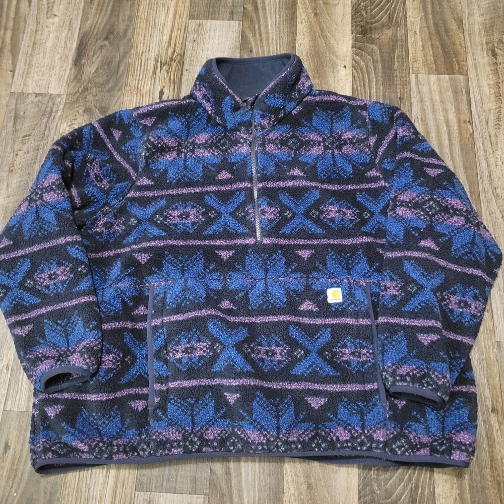 Carhartt Fleece Pullover Womens 3X Black Blue Aztec Print Loose Fit